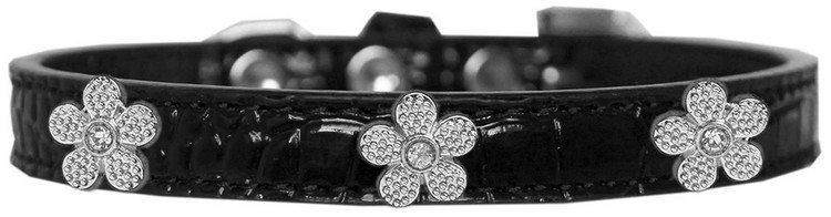 Silver Flower Widget Croc Dog Collar Black Size 14